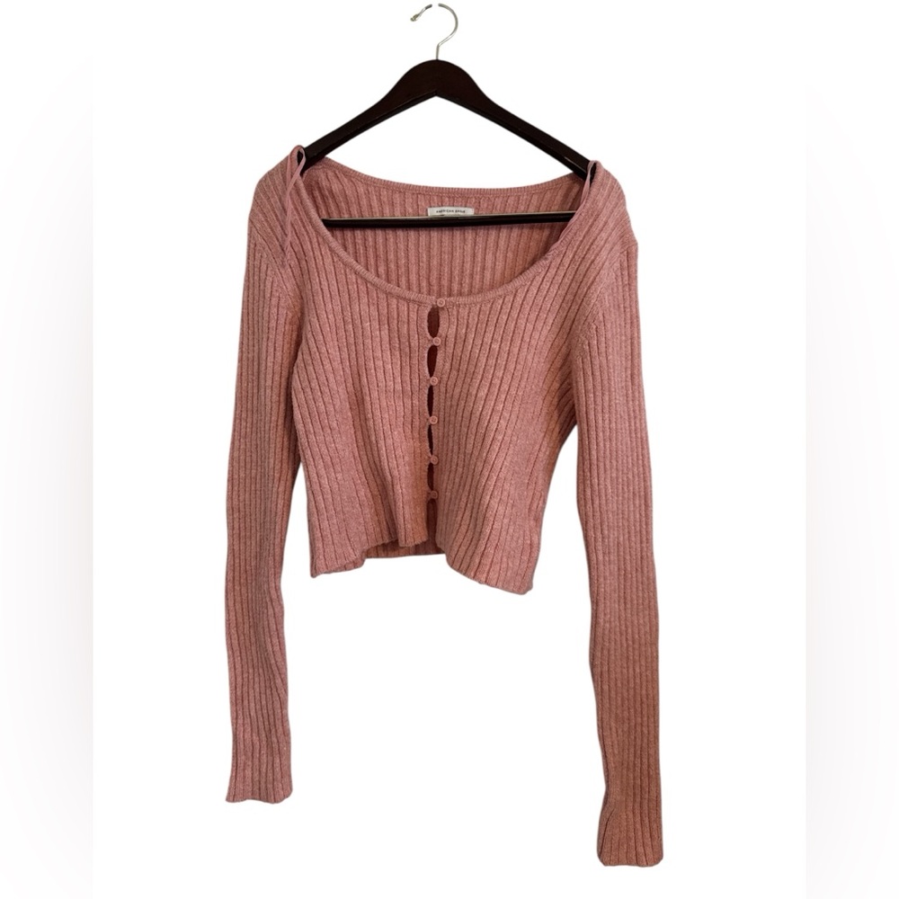 American Eagle Pink Cropped Button Up Sweater Cardigan Women's Size Large